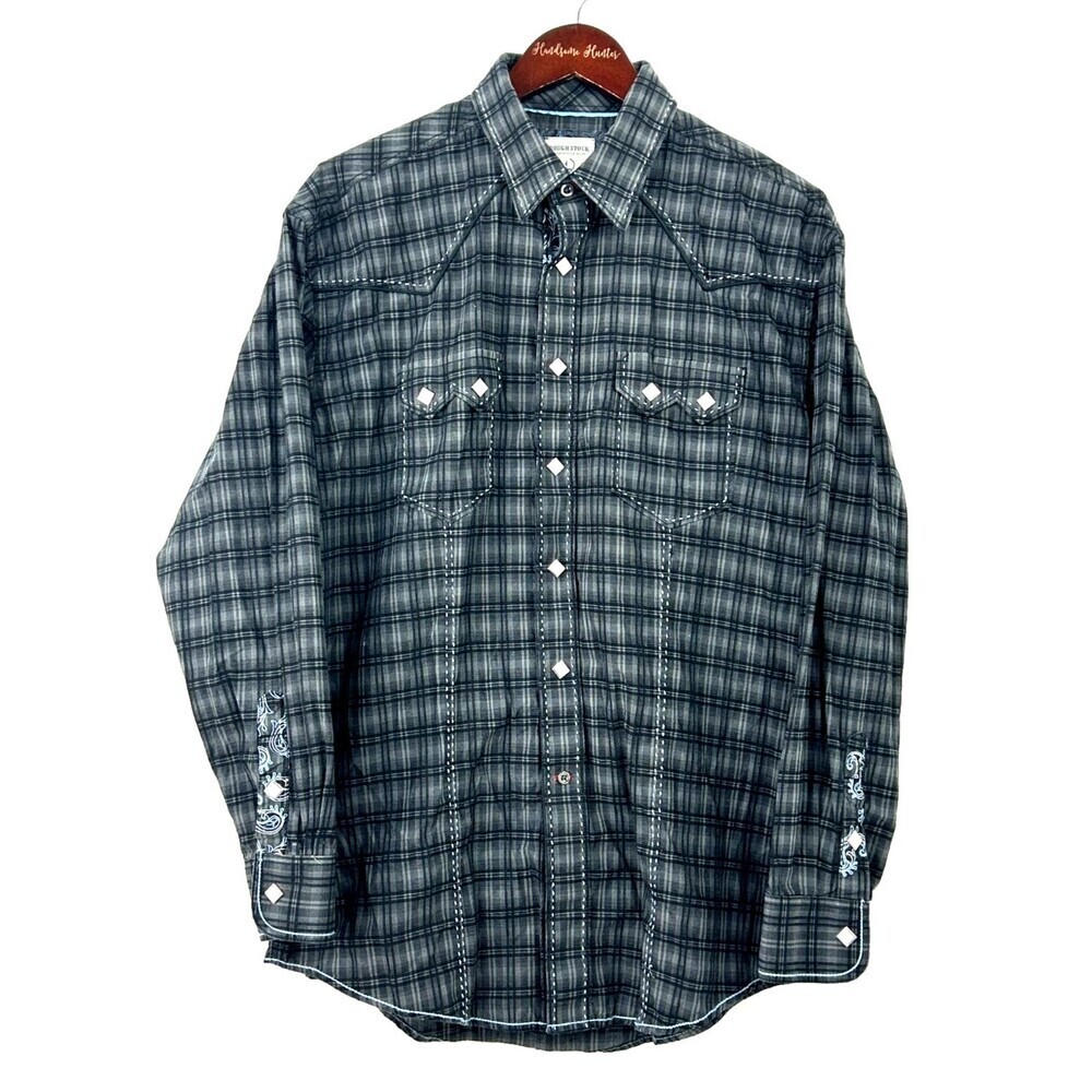 Panhandle Slim Rough Stock Men Diamond Pearl Snap Western Shirt Sz L Black Plaid